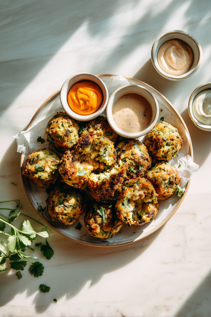 Platter of Baked Broccoli Cheese Balls surrounded by small bowls of dips, one showing melty cheese inside.