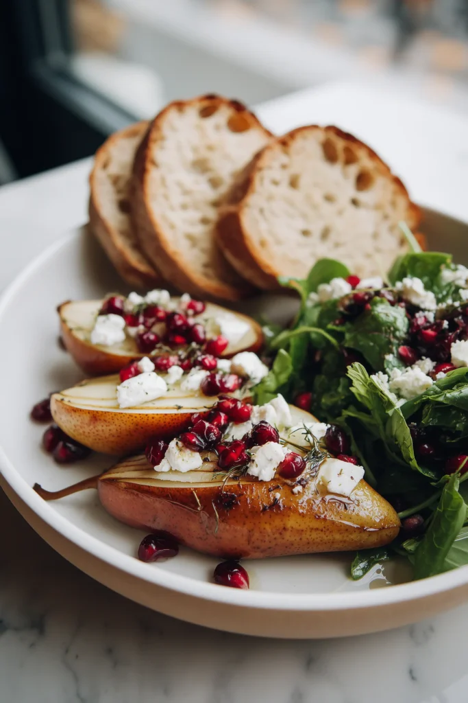 Baked Pears Feta Honey Cranberries served with sliced bread and a festive side salad.