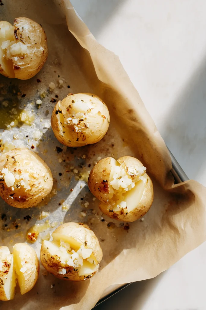 Baked Smashed Potatoes With Garlic & Parmesan 3 Half-smashed Baked Smashed Potatoes With Garlic & Parmesan on a lined baking tray, ready for the oven.