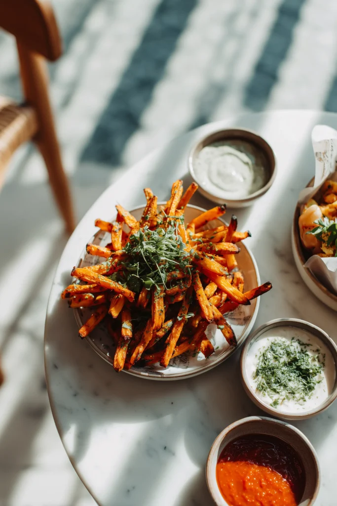 A plate full of Baked Zucchini Fries with small dipping bowls for snacking.