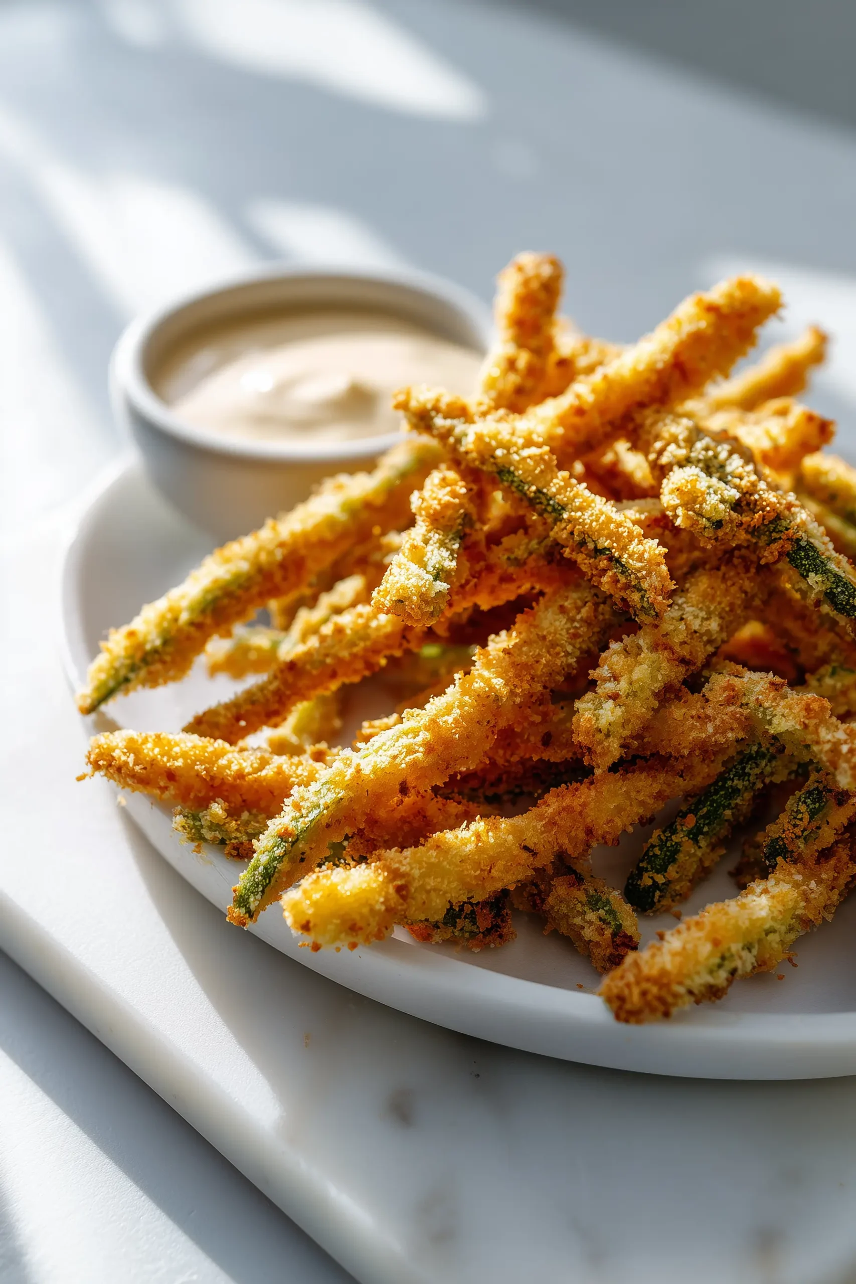 A close-up of Baked Zucchini Fries with a golden, crunchy crust on a marble background.