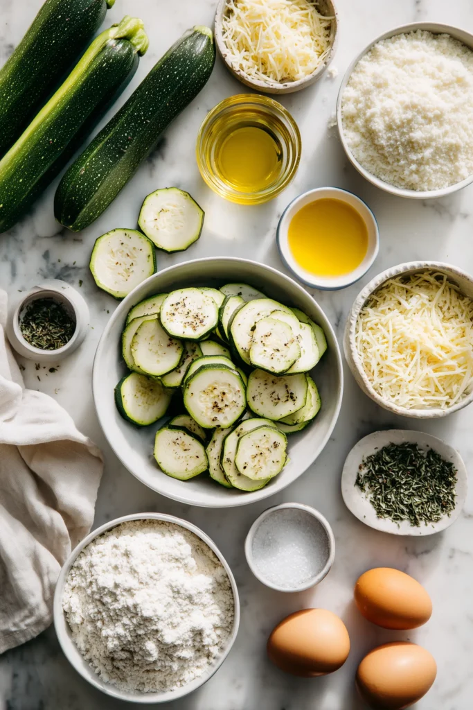 The ingredients for Baked Zucchini Fries, including zucchini, cheese, breadcrumbs, and herbs, arranged neatly on marble.
