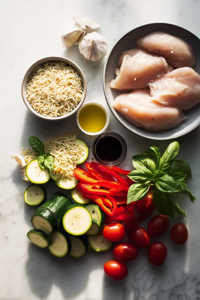 Balsamic Chicken and Veggie Orzo ingredients including chicken, orzo, veggies, balsamic vinegar, and basil, arranged for prep.