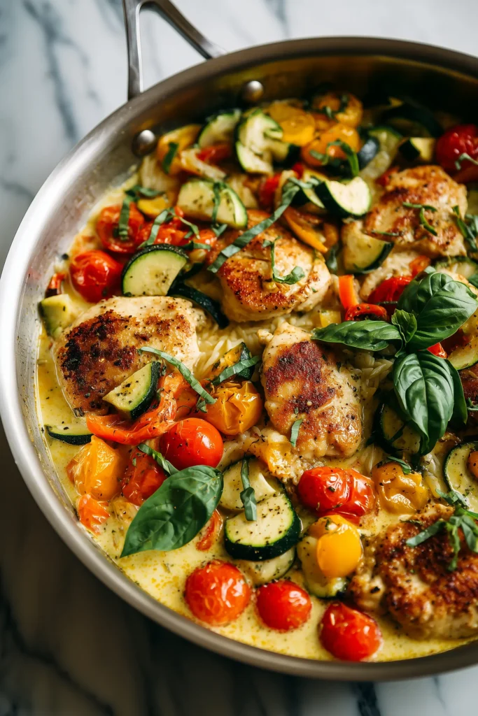 Balsamic Chicken and Veggie Orzo in the skillet, with golden chicken and brightly colored veggies cooking in balsamic sauce.