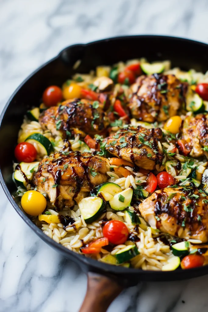 A skillet of Balsamic Chicken and Veggie Orzo with golden chicken, creamy orzo, and colorful veggies in a balsamic glaze.