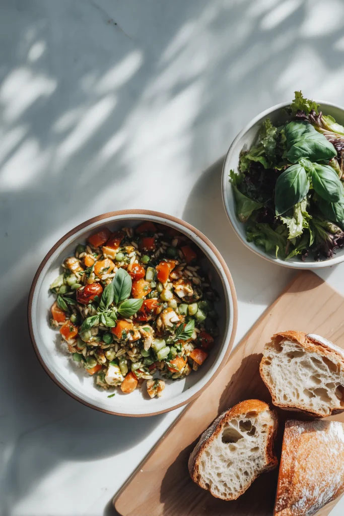 Balsamic Chicken and Veggie Orzo in a bowl, served with fresh salad and rustic bread slices on a light background.