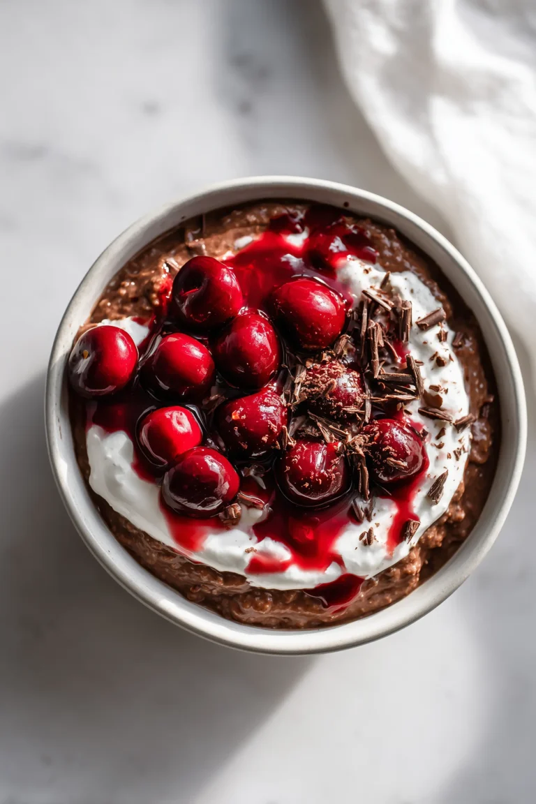 A bright bowl of Black Forest Creamy Oats with chocolate oats, cherries, and yogurt swirled together.