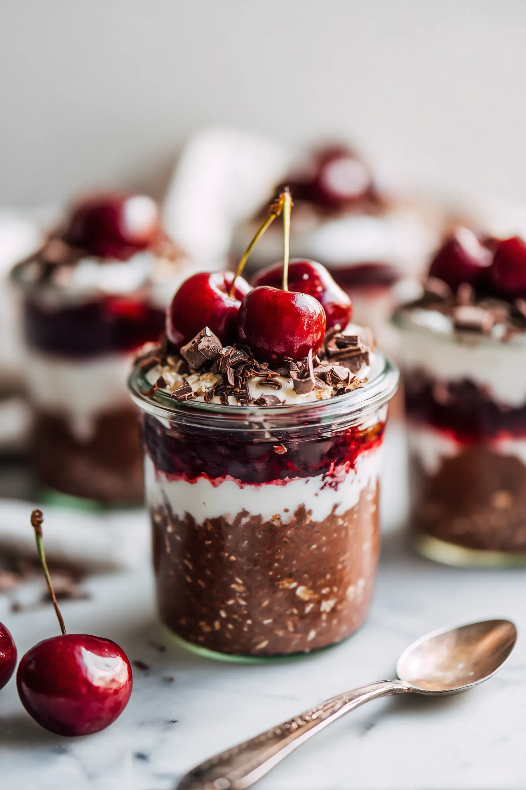 Glass jars filled with Black Forest Creamy Oats, swirled with cherries and yogurt, topped with chocolate curls.