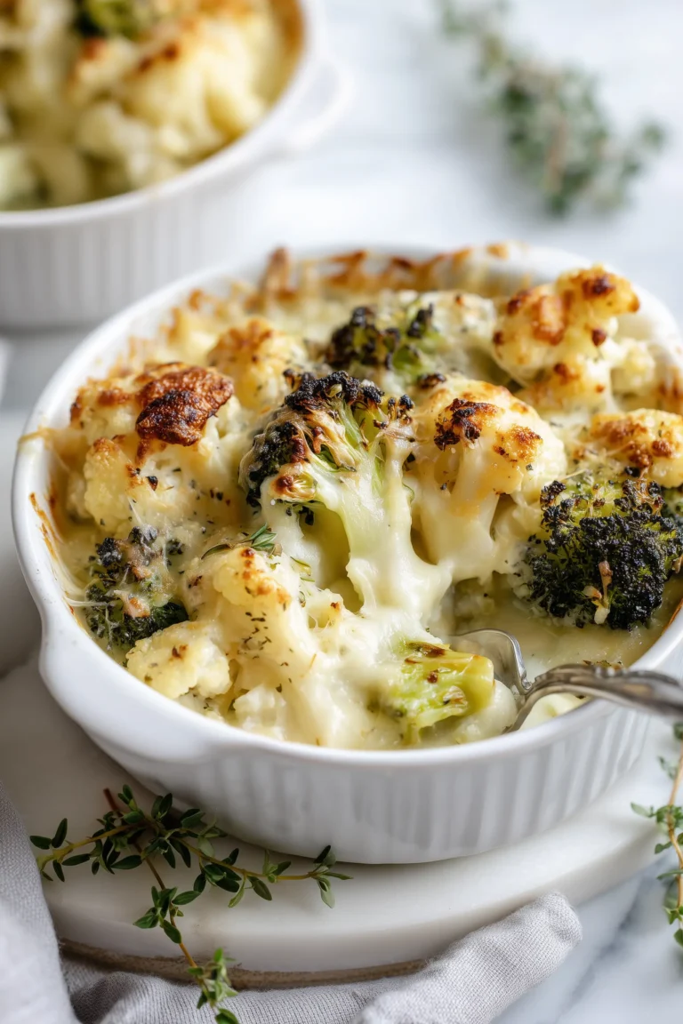 Broccoli Cauliflower Cottage Cheese Bake in a white dish with golden crust and vibrant vegetables.