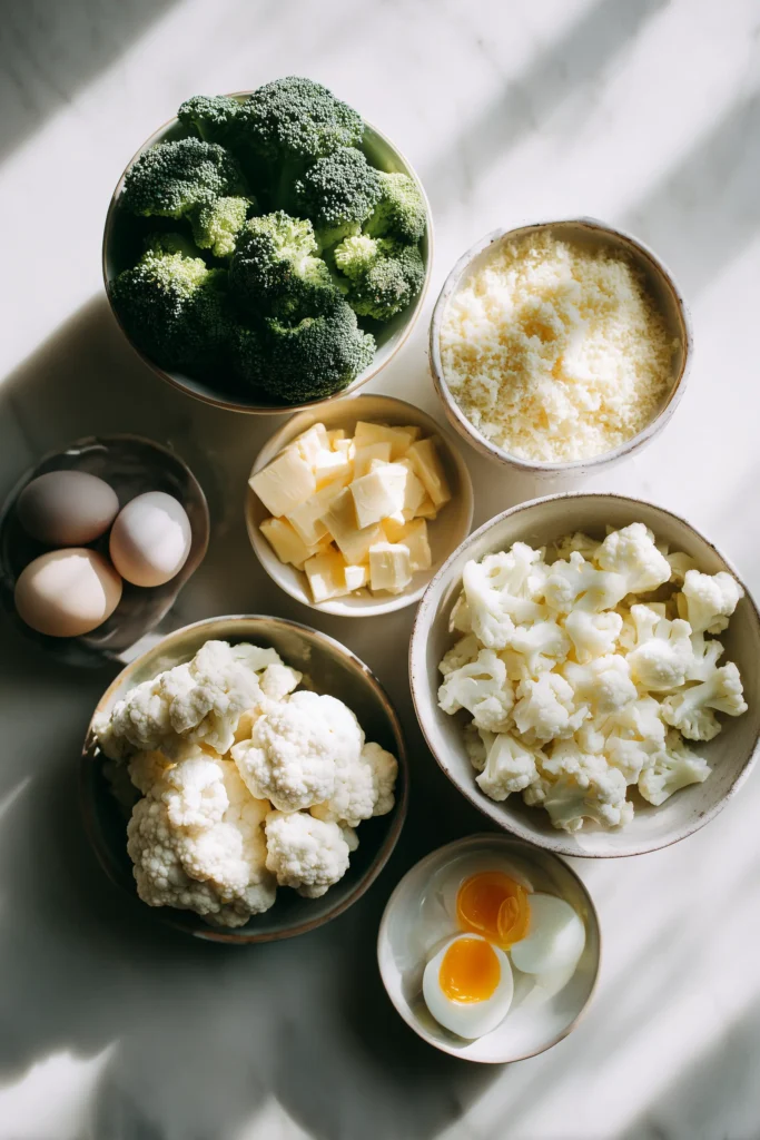Broccoli Cauliflower Cottage Cheese Bake 2 Overhead photo of broccoli, cauliflower, cottage cheese, cheddar, eggs, and panko for Broccoli Cauliflower Cottage Cheese Bake.