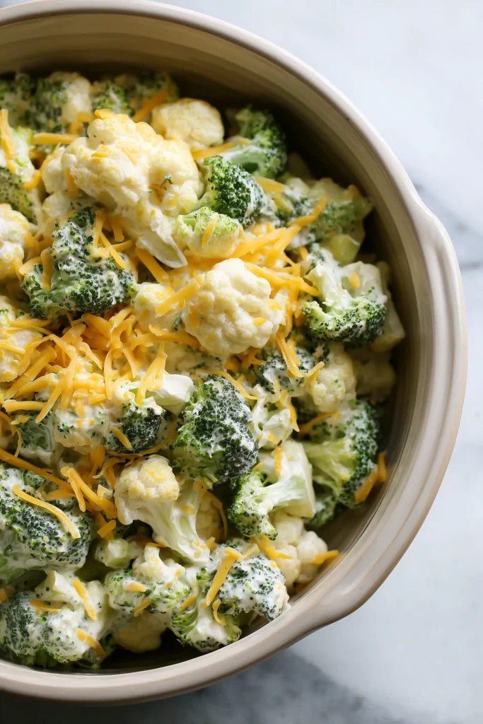 Broccoli Cauliflower Cottage Cheese Bake 3 Mixing bowl of broccoli, cauliflower, cottage cheese, and cheddar for Broccoli Cauliflower Cottage Cheese Bake.