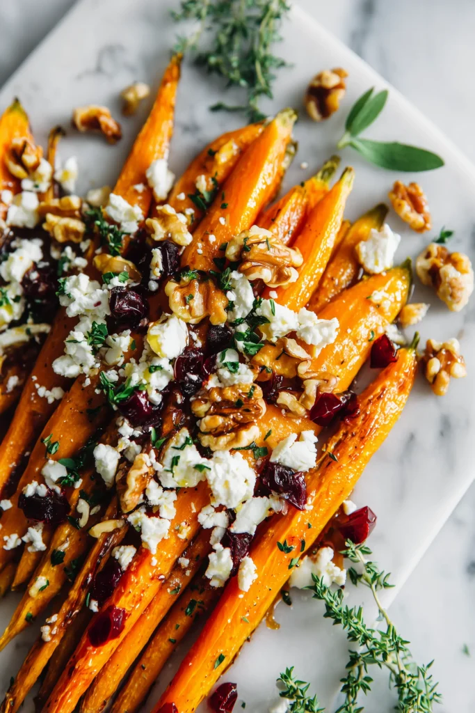 A bright scene of Caramelized Carrots with Feta, Walnuts & Cranberry-Honey Glaze on a platter, showing golden edges, feta crumbles, walnuts, and glossy cranberry glaze.