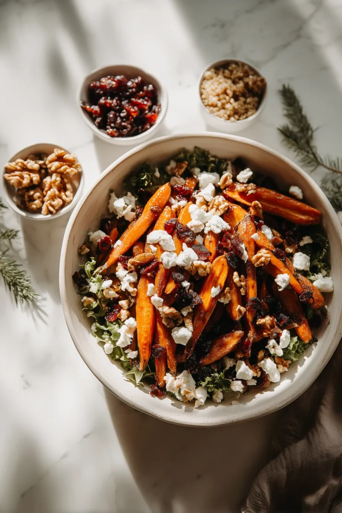 Caramelized Carrots with Feta, Walnuts & Cranberry-Honey Glaze 4 A bright bowl of Caramelized Carrots with Feta, Walnuts & Cranberry-Honey Glaze surrounded by side salads and festive accompaniments.