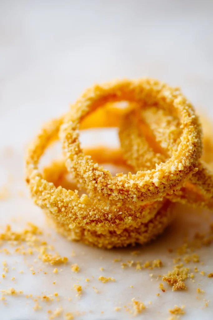 Close-up showing onion rings covered in golden breadcrumbs, highlighting their crunchy coating for air fryer onion rings.