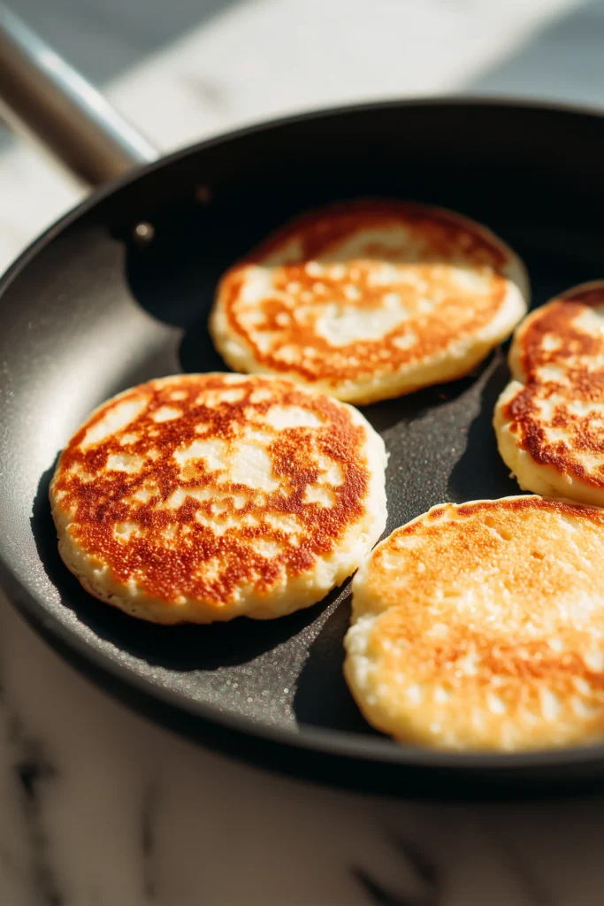 Cottage Cheese Protein Pancakes cooking on a skillet, edges golden and bubbles forming on top.