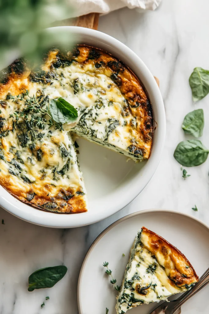 Overhead view of Cottage Cheese Spinach Crustless Quiche in a white dish, showing golden top, creamy filling, and spinach flecks.