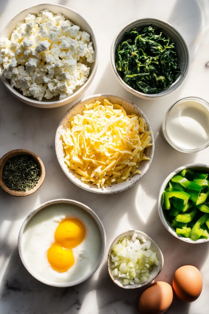 Cottage Cheese Spinach Crustless Quiche 2 Overhead photo of cottage cheese, spinach, eggs, cheese, and vegetables for Cottage Cheese Spinach Crustless Quiche on white marble.