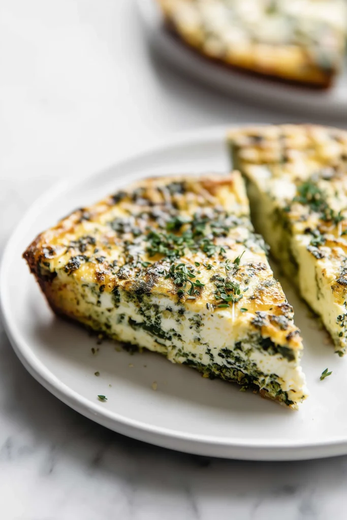 Cottage Cheese Spinach Crustless Quiche 3 A plated slice of Cottage Cheese Spinach Crustless Quiche with golden top and visible spinach on a white plate.