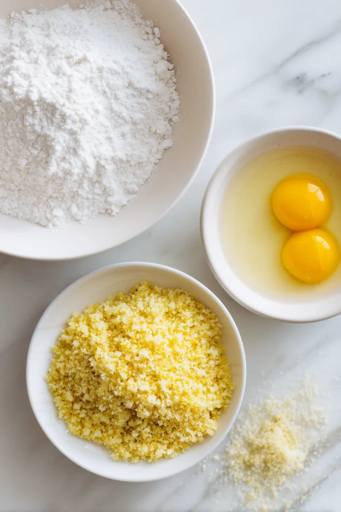 Crispy Garlic Mushroom Bites 2 Overhead view of mushroom coating station for Crispy Garlic Mushroom Bites with flour, egg, and breadcrumbs.