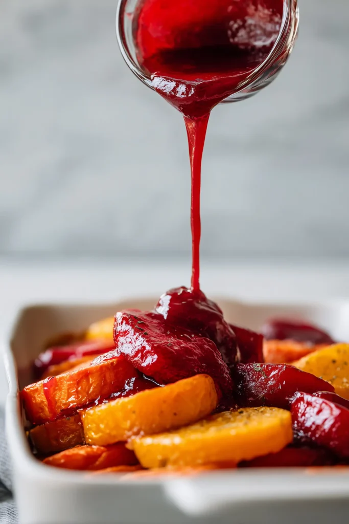 Cranberry maple drizzle poured over the top of Layered Sweet Potato Squash Carrot Bake with Cranberry Maple Drizzle.