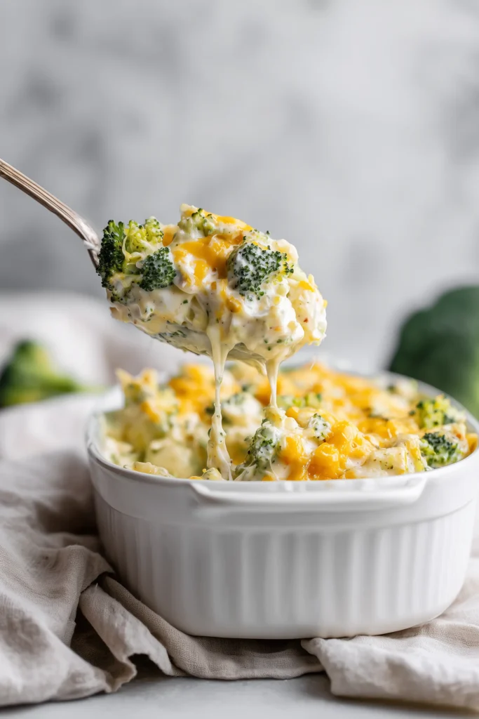 Creamy 5 Ingredient Broccoli Bake 3 Creamy 5 Ingredient Broccoli Bake mixture, made with broccoli and cheese, being spooned into a white baking dish on a bright background.