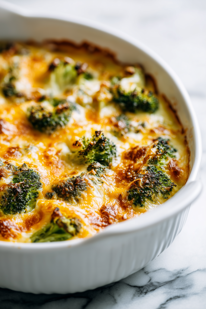 Golden, creamy 5 Ingredient Broccoli Bake in a white casserole on a bright marble surface, with bubbly cheese and crisp broccoli.