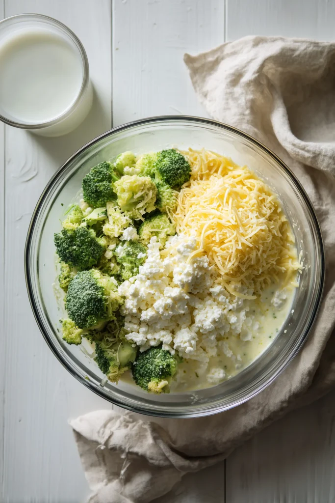 Creamy 5 Ingredient Broccoli Bake 2 A bowl with ingredients for Creamy 5 Ingredient Broccoli Bake: broccoli, cheese, milk, eggs, and cottage cheese, ready to combine.