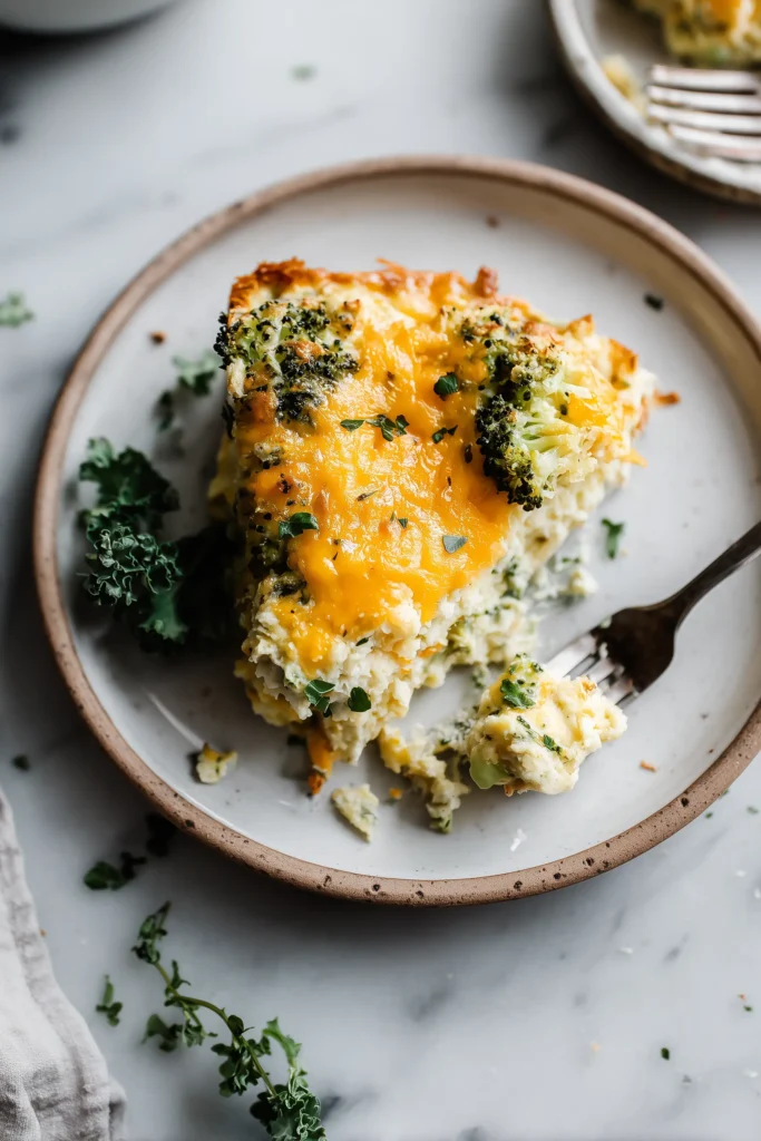 Creamy 5 Ingredient Broccoli Bake 4 A plated slice of Creamy 5 Ingredient Broccoli Bake, topped with golden bubbly cheese and a sprinkle of herbs, showing creamy broccoli filling.