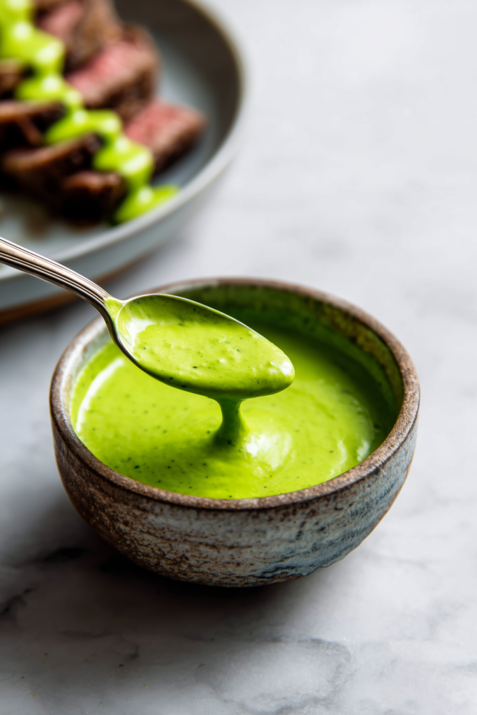 Grilled Steak Bowl with Creamy Herb Sauce and Grilled Zucchini Recipe 4 Herb sauce in a small bowl and drizzled on a steak and zucchini bowl for Grilled Steak Bowl with Creamy Herb Sauce and Grilled Zucchini Recipe.