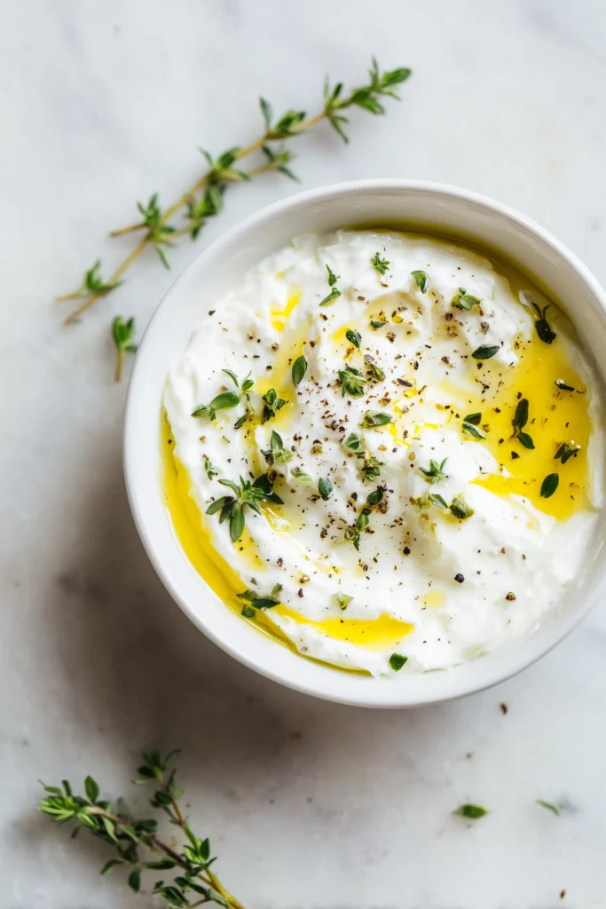 A bowl of creamy yogurt sauce ready to serve with Golden Roasted Pumpkin and Pine Nuts.