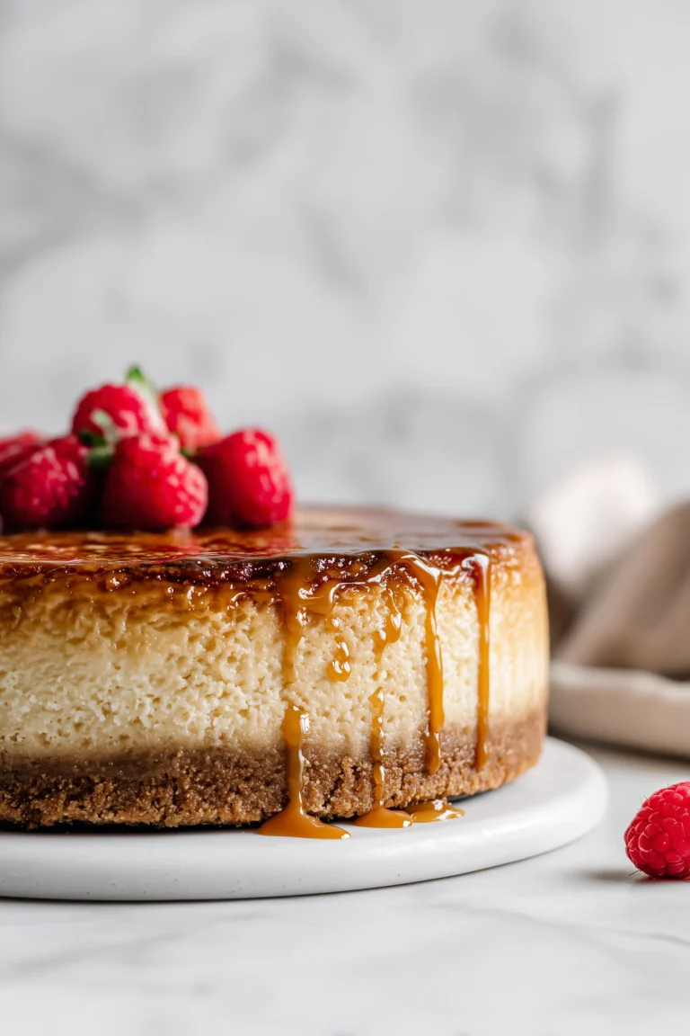 A whole Crème Brûlée Cheesecake with caramelized sugar top and fresh raspberries on a marble background.