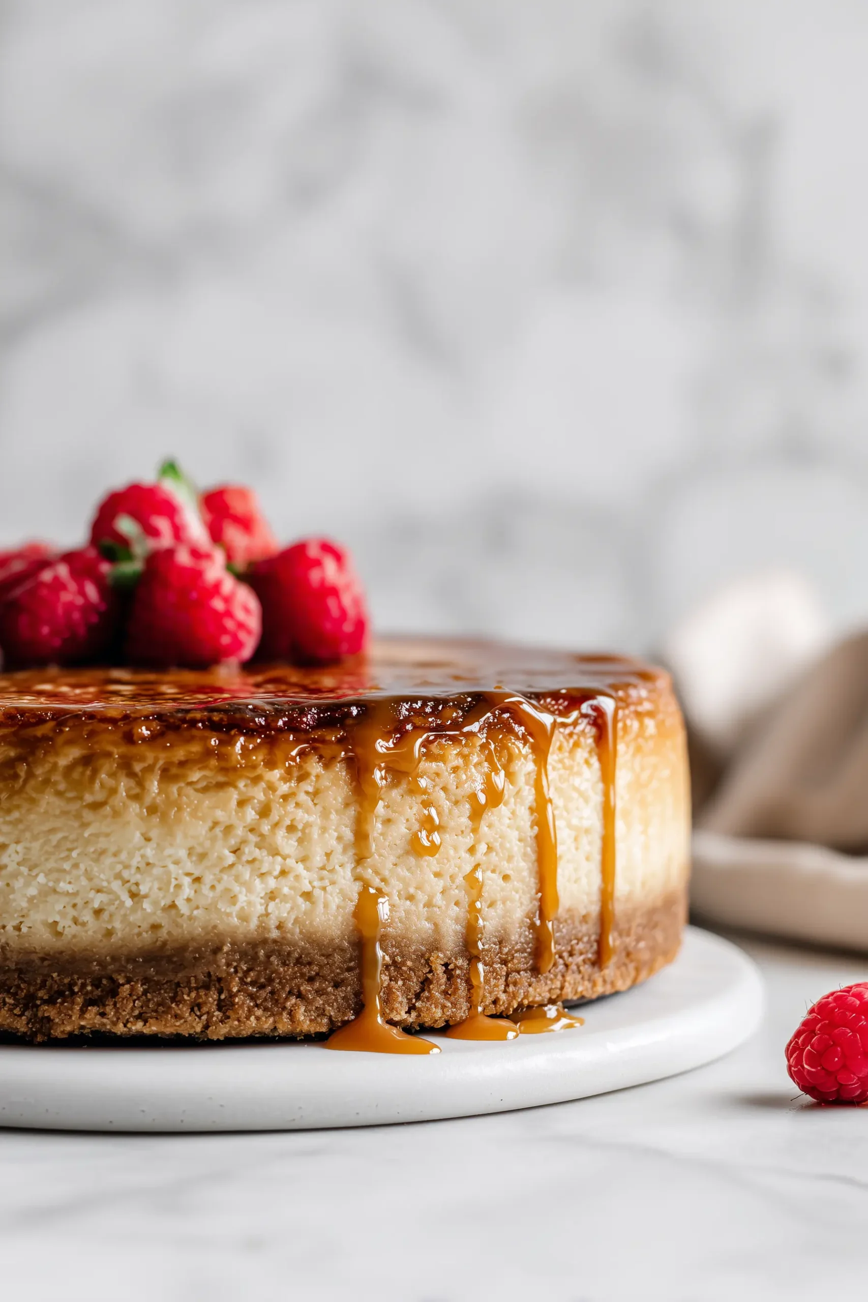 A whole Crème Brûlée Cheesecake with caramelized sugar top and fresh raspberries on a marble background.