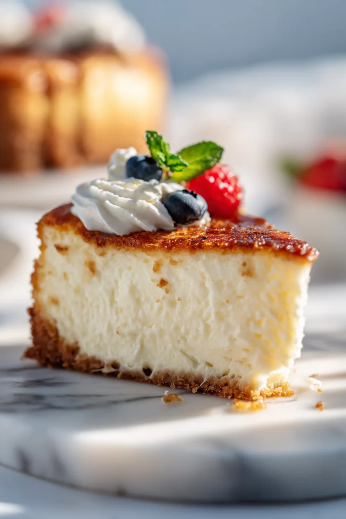 Crème Brûlée Cheesecake 2 A slice of Crème Brûlée Cheesecake with caramelized topping and berries on a marble plate.