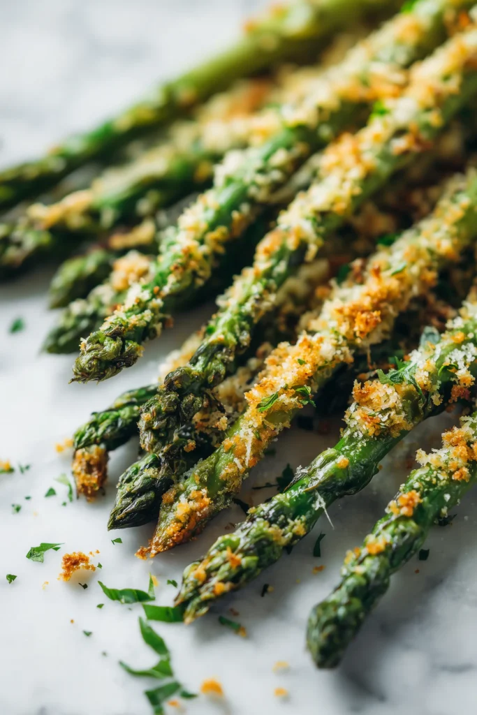 Close-up of asparagus fries coated in panko and Parmesan, ready for baking, to make crispy asparagus fries with a lemon garlic dipping sauce.