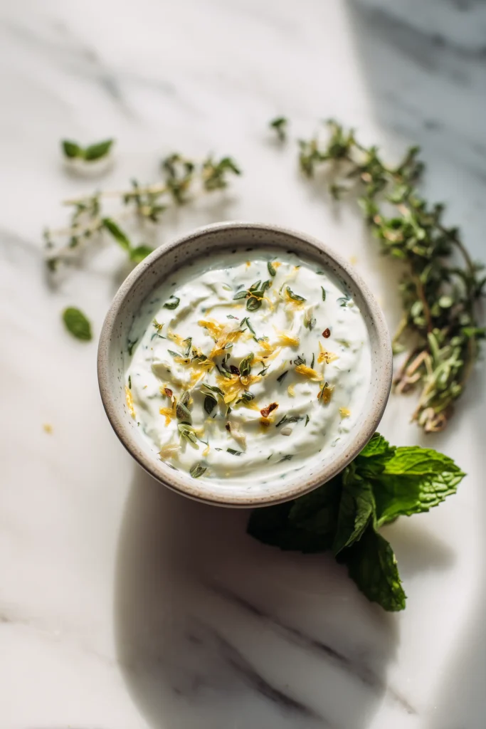 Overhead view of a creamy lemon garlic dipping sauce for crispy asparagus fries with a lemon garlic dipping sauce.