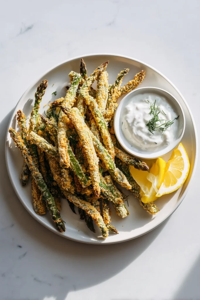 A plate of crispy asparagus fries with a lemon garlic dipping sauce, pictured on a bright marble background.
