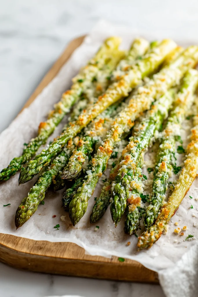 Asparagus fries freshly baked on a parchment-lined sheet pan for crispy asparagus fries with a lemon garlic dipping sauce.
