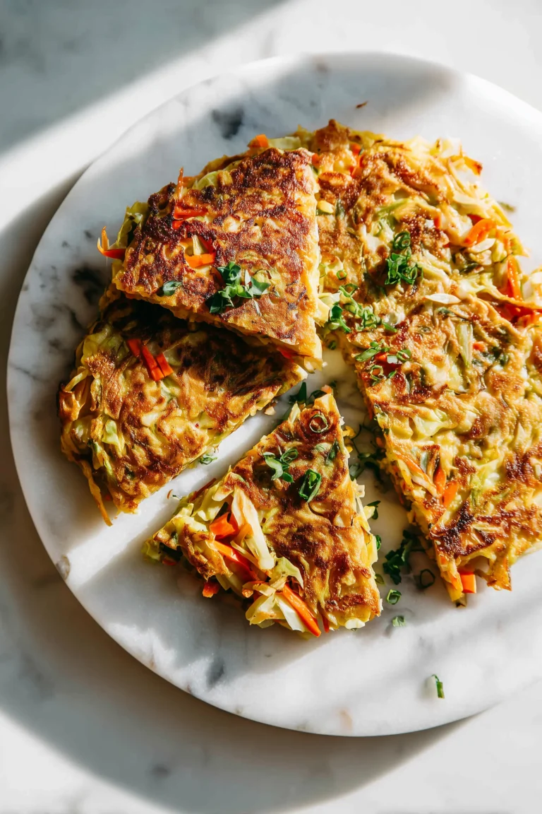 A golden Crispy Cabbage Pancake with crispy edges, scallions, and carrots, served on a white marble surface.