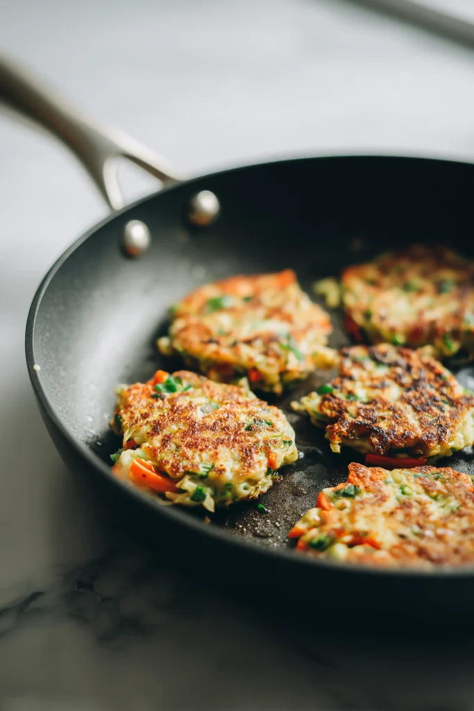 Crispy Cabbage Pancake 3 Crispy Cabbage Pancakes frying in a skillet with golden, lacy edges and visible vegetables.