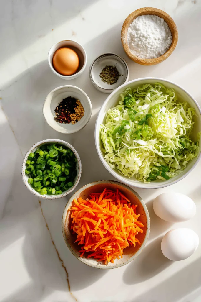 Crispy Cabbage Pancake 2 Ingredients for Crispy Cabbage Pancake including shredded cabbage and grated carrot displayed on a white marble background.