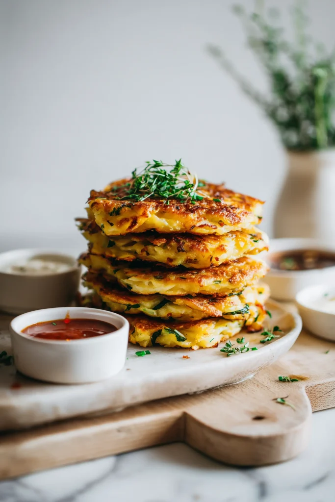 Crispy Cabbage Pancake 4 Platter of Crispy Cabbage Pancakes with herb garnish and dipping sauces on a pale wood background.