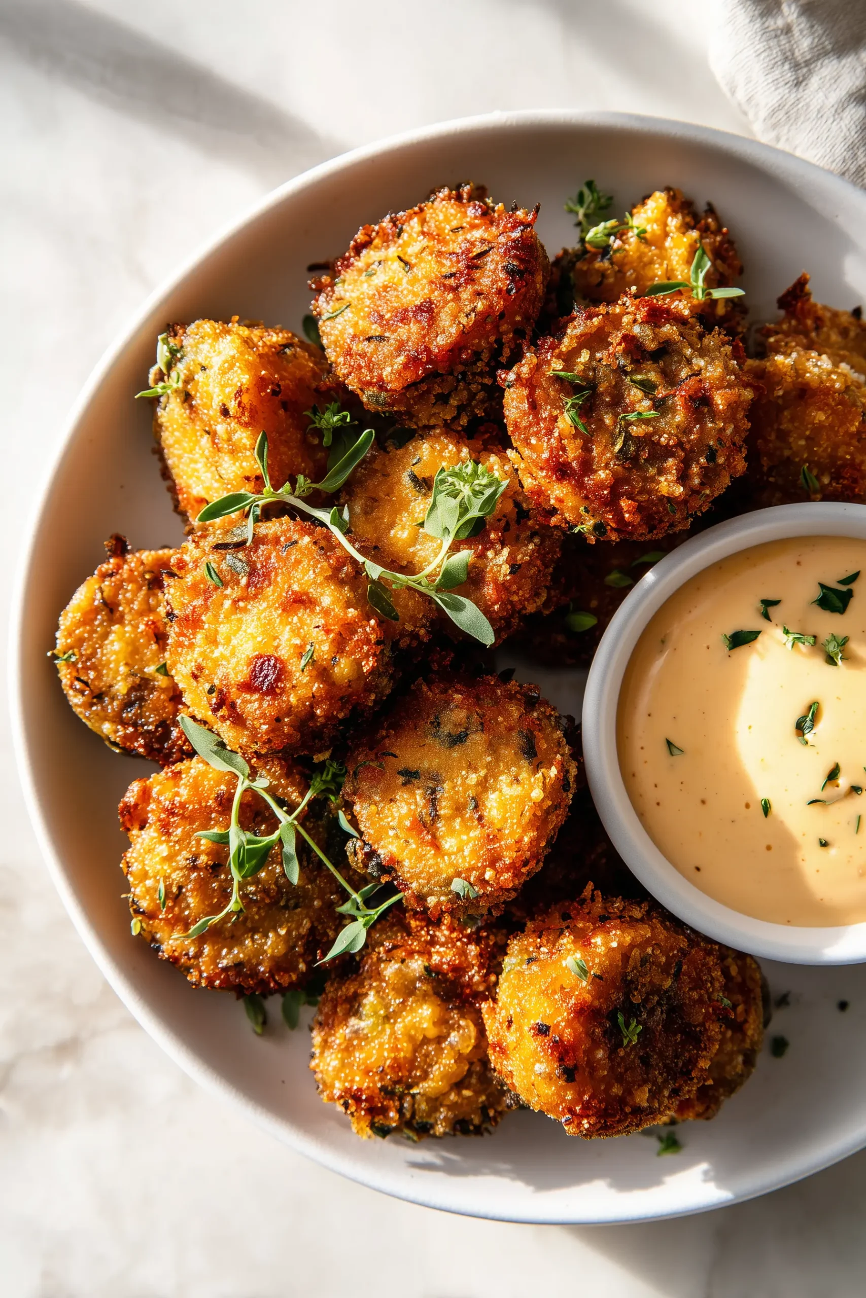 Overhead photo of Crispy Garlic Mushroom Bites, golden and crispy with herbs and dipping sauce.