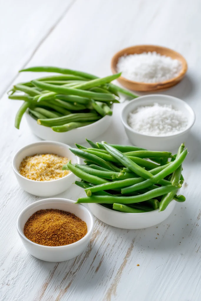 Fresh green beans and coating ingredients for Crispy Oven Baked Green Beans with Parmesan in bowls on a light wood surface.