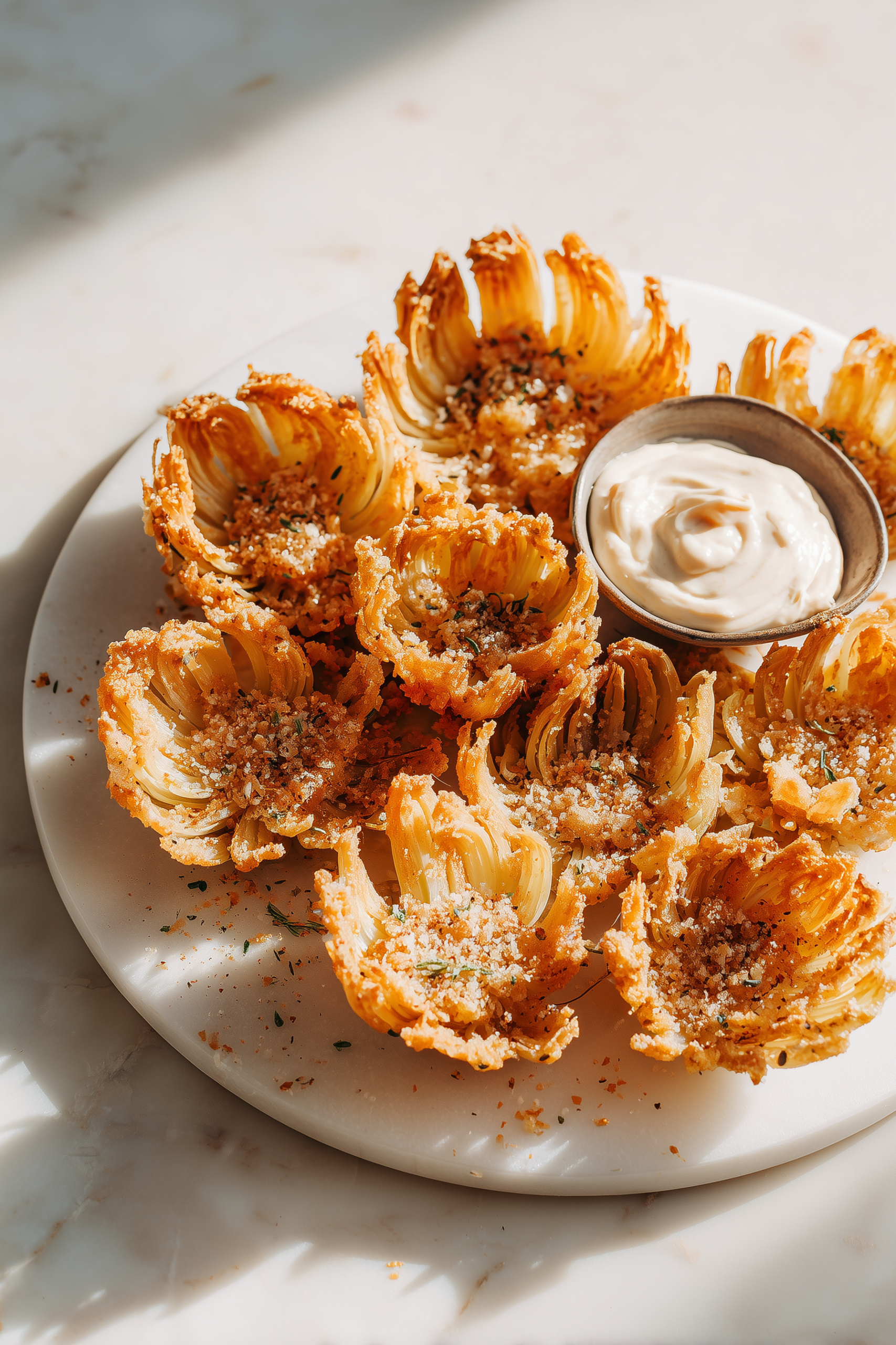 A golden platter of Crispy Mini Bloomin Onion, fanned out with a small bowl of creamy dip, on a white marble surface.
