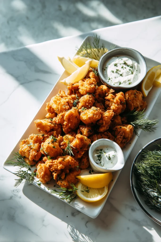 Crispy Garlic Mushroom Bites 3 Platter of Crispy Garlic Mushroom Bites with sauces and lemon wedges, perfect for sharing.