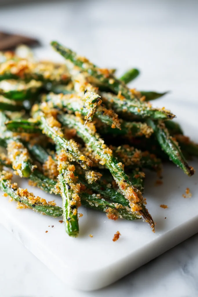 A tray of Crispy Oven Baked Green Beans with Parmesan, golden and crunchy on a marble surface.
