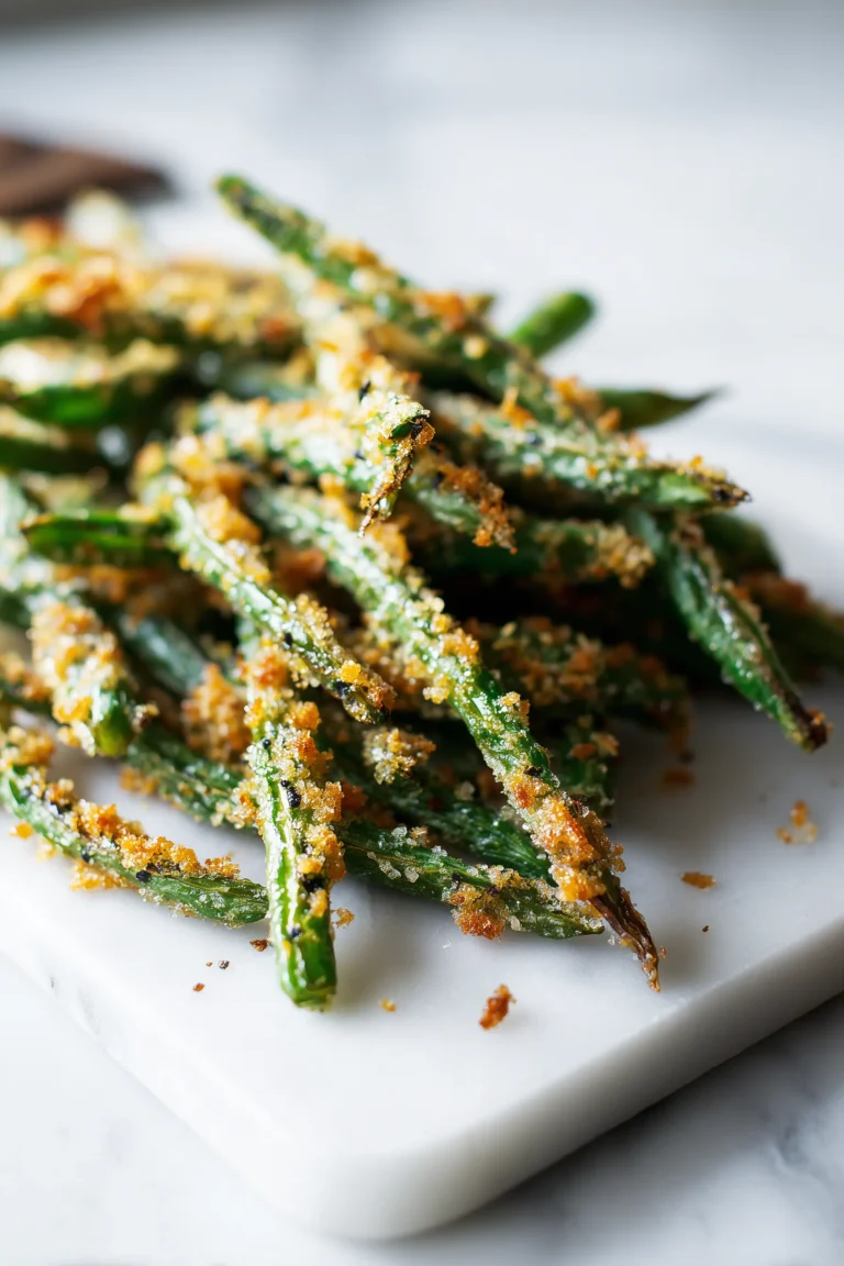 A tray of Crispy Oven Baked Green Beans with Parmesan, golden and crunchy on a marble surface.