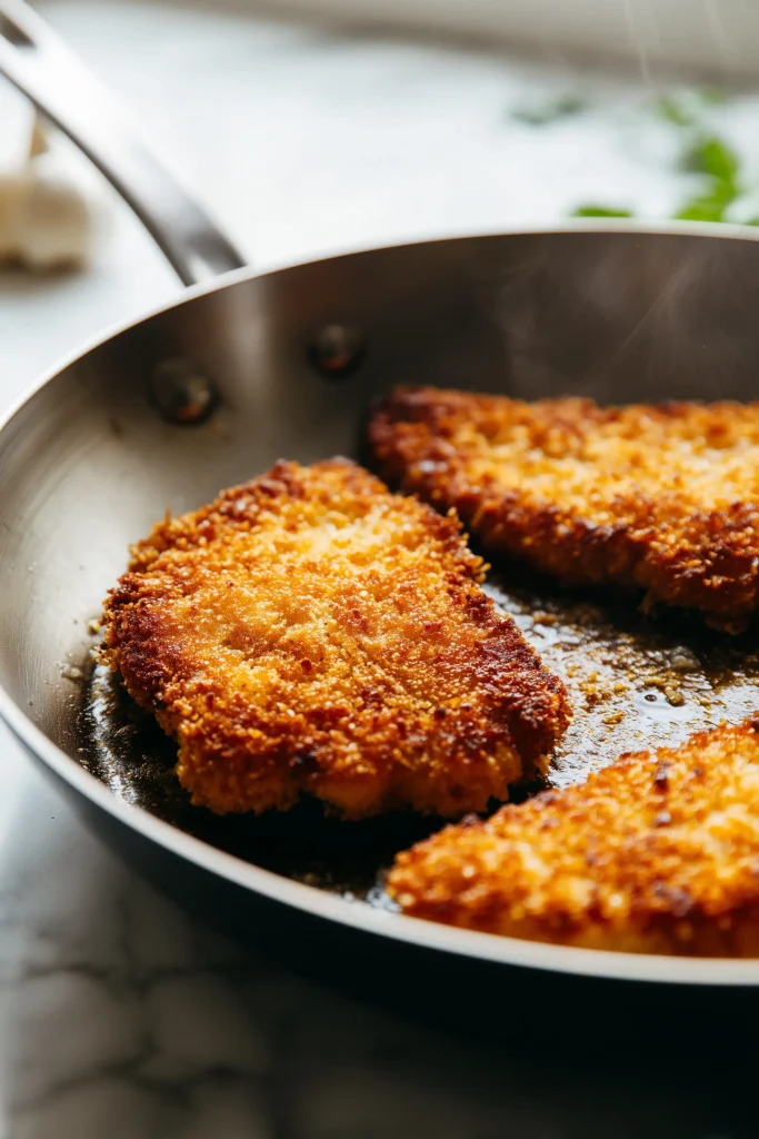 Crispy Parmesan Chicken with Garlic Sauce 3 Chicken pieces browning to crispy perfection in a skillet for Crispy Parmesan Chicken with Garlic Sauce.