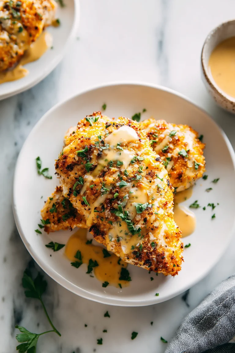 Featured image of Crispy Parmesan Chicken with Garlic Sauce, showing golden breading and creamy garlic sauce on a bright plate.