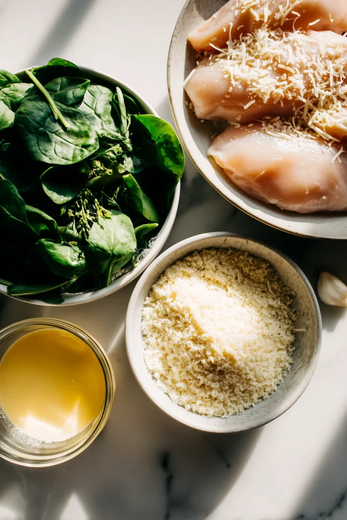 Crispy Parmesan Chicken with Garlic Sauce 2 Overhead view of ingredients for Crispy Parmesan Chicken with Garlic Sauce, neatly arranged on a marble surface.